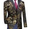 Slim Fit Velvet Jacket 2 Button Peak Lapel Paisley Pattern In Black/Gold