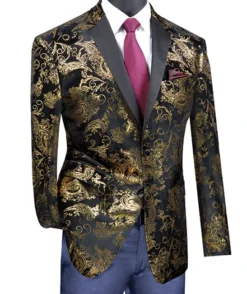 Slim Fit Velvet Jacket 2 Button Peak Lapel Paisley Pattern In Black/Gold