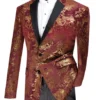 Slim Fit Velvet Jacket 2 Button Peak Lapel Paisley Pattern In Maroon/Gold