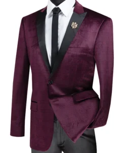(M) Slim Fit Velvet Jacket 2 Button Peak Lapel Glen Plaid Pattern In Ruby