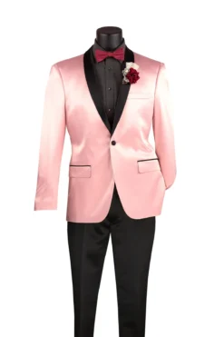 Pink Slim Fit Blazer Stretch Sateen 1 Button With Narrow Shawl Lapel