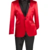 Red Slim Fit Blazer Stretch Sateen 1 Button With Narrow Shawl Lapel