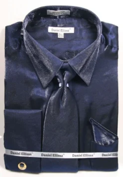 Navy Metallic Velvet Dress Shirt Set French Cuff