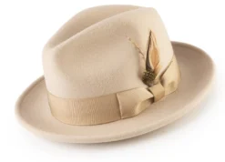 Wool Felt Fedora Pinch Front With Feather Accent In Beige