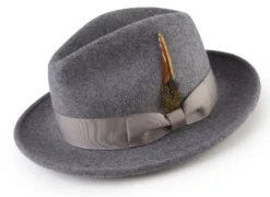 Wool Felt Fedora Pinch Front With Feather Accent In Gray