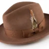 Wool Felt Fedora Pinch Front With Feather Accent In Tan