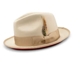 2 ⅜" Brim Wool Felt Dress Hat With Feather Accent Beige With Red Bottom