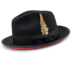 2 ⅜" Brim Wool Felt Dress Hat With Feather Accent Black With Red Bottom