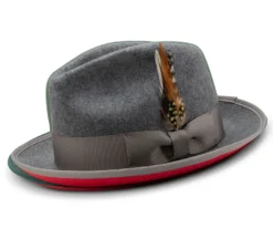 2 ⅜" Brim Wool Felt Dress Hat With Feather Accent Gray With Red Bottom