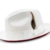 2 ⅜" Brim Wool Felt Dress Hat With Feather Accent White With Red Bottom