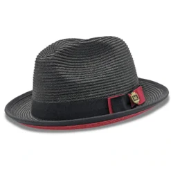 Two Tone Braided Ribbon Stingy Brim Pinch Fedora - Black With Red Bottom