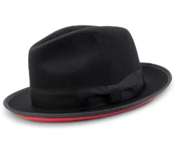 (XL) 2 ⅜" Brim Wool Felt Dress Hat With Feather Accent Black With Red Bottom