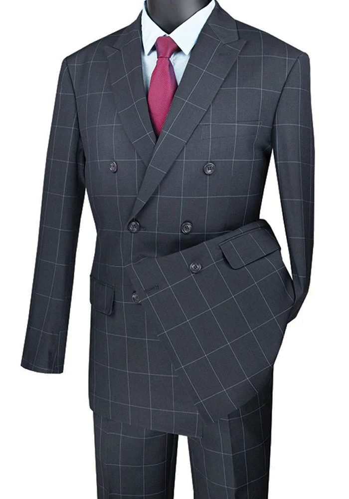 Naples Collection - Gray Modern Fit Double Breasted Windowpane Peak Lapel 2 Piece Suit 1 Naples Collection - Gray Modern Fit Double Breasted Windowpane Peak Lapel 2 Piece Suit