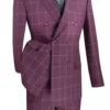 Naples Collection - Wine Modern Fit Double Breasted Windowpane Peak Lapel 2 Piece Suit