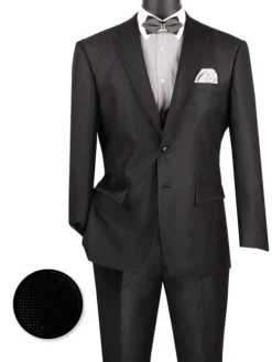 Birdseye Pattern Modern Fit 3 Piece Black Suit With Black Trim