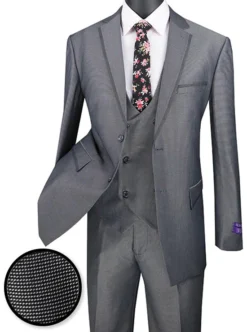Birdseye Pattern Modern Fit 3 Piece Charcoal Suit With Contrast Trim