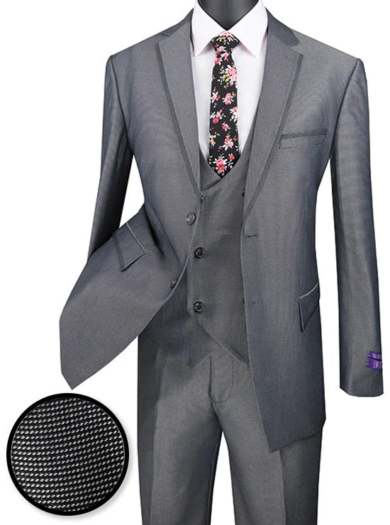 Birdseye Pattern Modern Fit 3 Piece Charcoal Suit With Contrast Trim 1 Birdseye Pattern Modern Fit 3 Piece Charcoal Suit With Contrast Trim