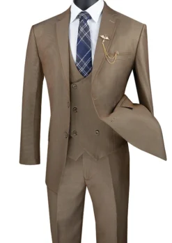 Birdseye Pattern Modern Fit 3 Piece Khaki Suit With Contrast Trim -Gentri Store mv2b 1 khaki s