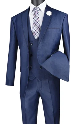 Birdseye Pattern Modern Fit 3 Piece Navy Suit With Contrast Trim -Gentri Store mv2b 1 navy s