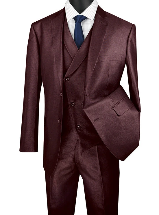 Burgundy Modern Fit Shiny Sharkskin 2 Button 3 Piece Suit 1 Burgundy Modern Fit Shiny Sharkskin 2 Button 3 Piece Suit
