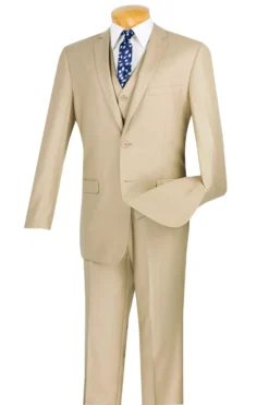 Slim Fit Men's Suit 3 Piece 2 Button In Beige