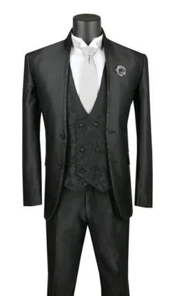 Bourbon Collection - Slim Fit 3 Piece Banded Collar Shiny Sharkskin Suit In Black