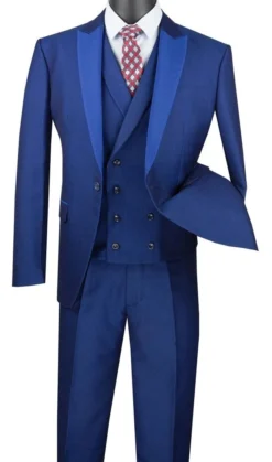 Blue Slim Fit 3 Piece Suit 1 Button With Double Breasted Vest