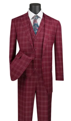 Manarola Collection - Regular Fit Glen Plaid Suit 3 Piece In Burgundy