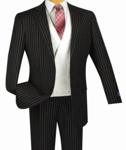 Helios Collection - Regular Fit 3 Piece Suit 2 Button Banker Stripe In Black