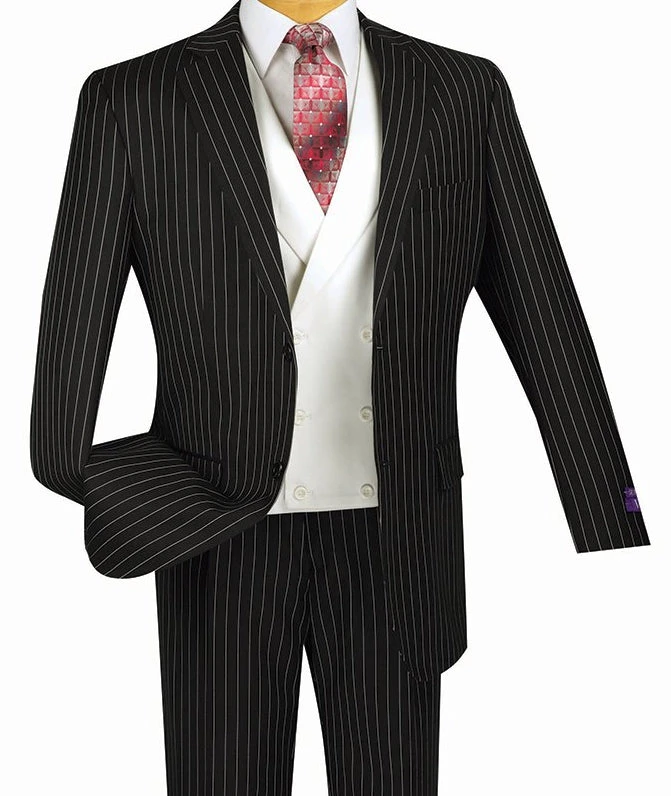 Helios Collection - Regular Fit 3 Piece Suit 2 Button Banker Stripe In Black 1 Helios Collection - Regular Fit 3 Piece Suit 2 Button Banker Stripe In Black