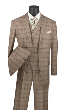 Atrani Collection - Regular Fit Windowpane Suit 3 Piece In Khaki