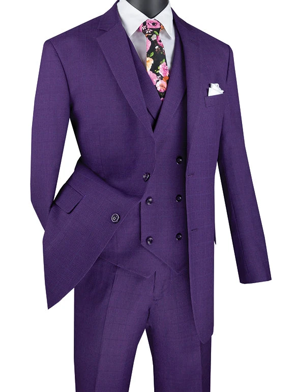Venetian Collection - Purple Regular Fit Glen Plaid 2 Button 3 Piece Suit 1 Venetian Collection - Purple Regular Fit Glen Plaid 2 Button 3 Piece Suit